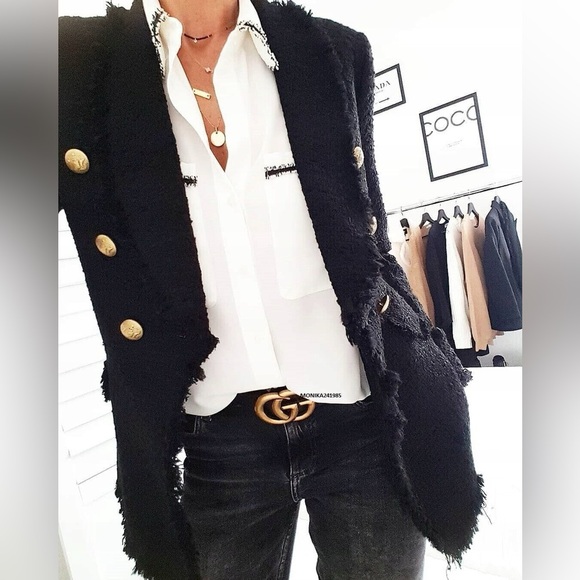 ZARA BLACK BLAZER TWEED WITH GOLD BUTTONS COAT JACKET - Picture 4 of 12